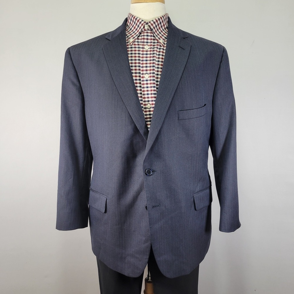 Tom‎ James Men's Sport Coat Blazer Two Button Navy Blue Wool Herringbone 44S